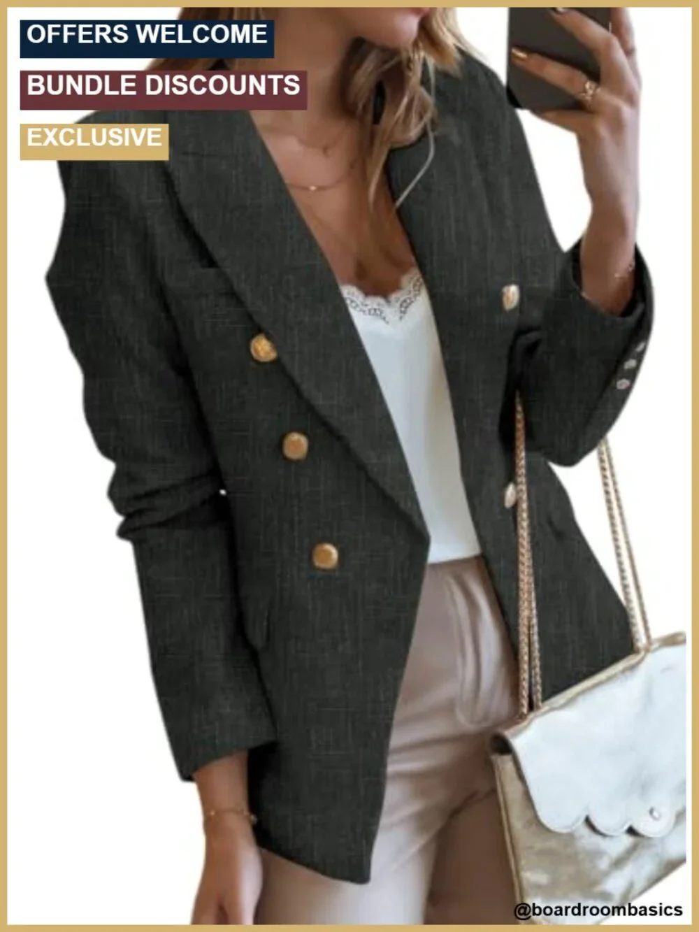 Double-Breasted Tweed Blazer Oversized Womens Blazer Office Coat Work Pockets